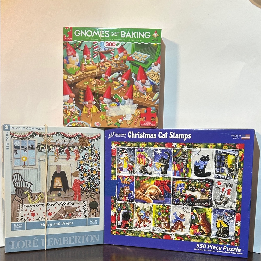 Lot of 3 Festive Holiday Puzzles: Christmas Cat Stamps, Merry & Bright, Gnomes